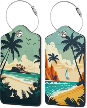 2 Pack Luggage Tags,Leather Suitcase Tags with Privacy Cover Name Address Labels& Durable Steel Loop for Men/Women Travel Bag Suitcases(Beach Palms)