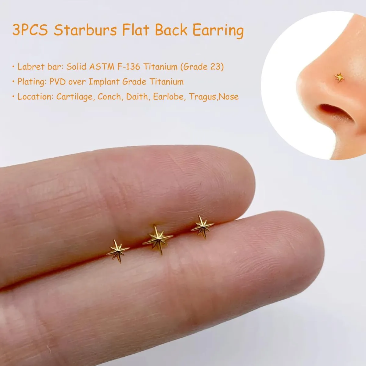 20G/18G/16G Titanium Flat Back Earrings, Threadless Nose Stud Tiny Stud Earrings, Cartilage Tragus Piercing Jewelry Conch Helix Stud