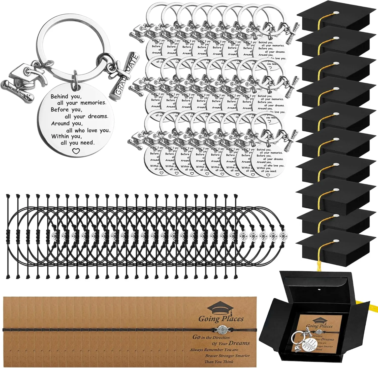 24 Sets 2025 Graduation Gifts Bulk Positive Behind You All Your Memories Keychain Unisex Bracelets Quote Card Comes in Cap Box for Class of 2025 Graduation Gifts for Students Her Him