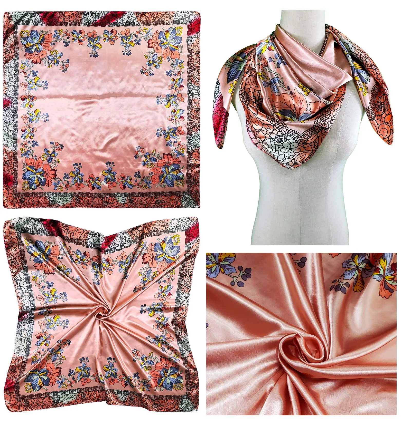 4 Pc Set Large 35 x 35 inches Satin Square Scarves Neck Hair Head Scarf Bundle Set C