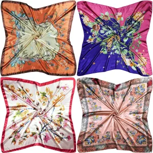 4 Pc Set Large 35 x 35 inches Satin Square Scarves Neck Hair Head Scarf Bundle Set C