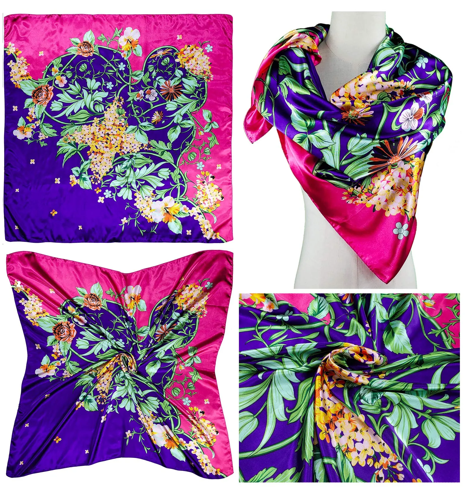 4 Pc Set Large 35 x 35 inches Satin Square Scarves Neck Hair Head Scarf Bundle Set C