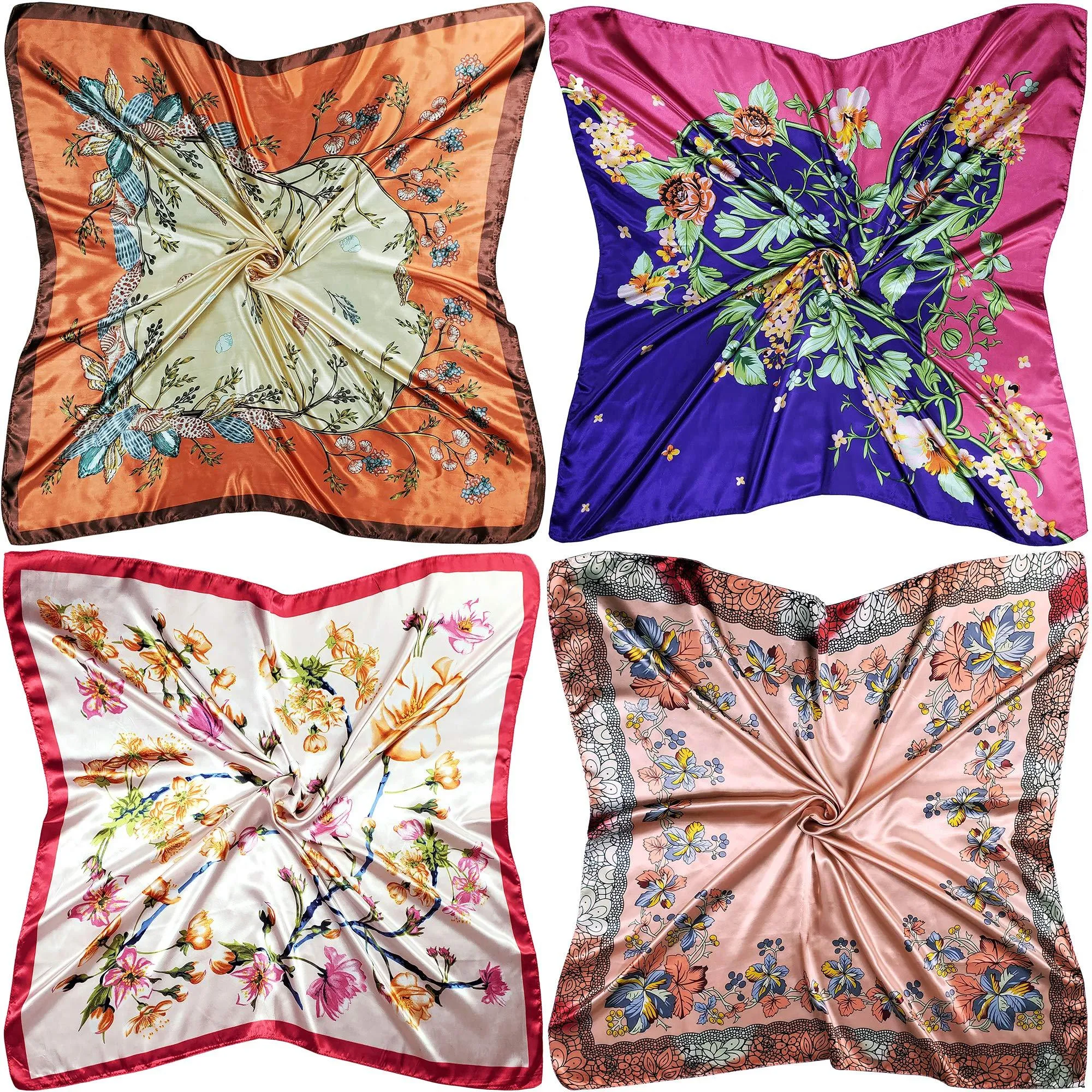 4 Pc Set Large 35 x 35 inches Satin Square Scarves Neck Hair Head Scarf Bundle Set C