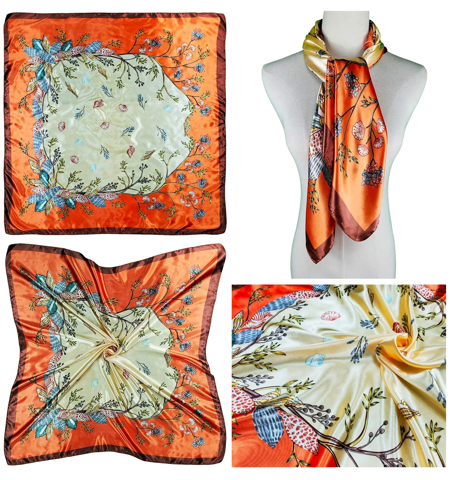 4 Pc Set Large 35 x 35 inches Satin Square Scarves Neck Hair Head Scarf Bundle Set C