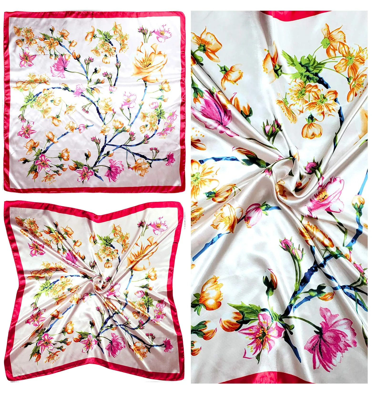 4 Pc Set Large 35 x 35 inches Satin Square Scarves Neck Hair Head Scarf Bundle Set C