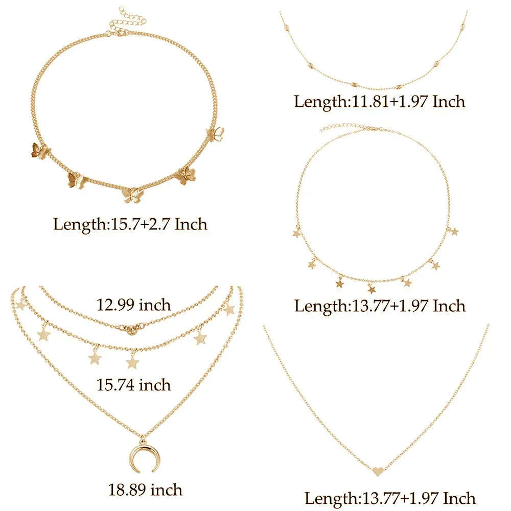 4 Sets Layered Choker Necklace Gold Butterfly Star Moon Heart Pendant Necklace Cute Vsco Multilayer Chain Choker Necklace for women teen girl Butterfly Gold