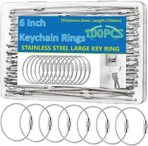 50Pack, 100Pack(Can Choose) Key chain 6 inch Keychain Rings 2mm Stainless Steel Large Key Ring for Key Tags,Keyrings, Luggage Tags,ID Tag Keepers,Car Keys Wire Keychain Cable Packed in Box