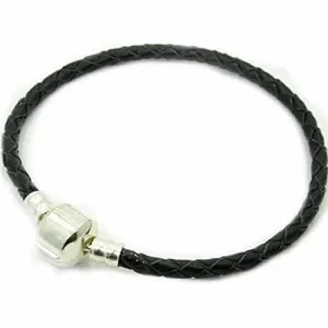 6.0" Black Leather Silver Tone Barrel Clasp Bracelet Pandora Charm Compatible
