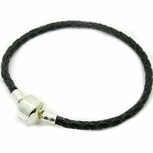 6.0" Black Leather Silver Tone Barrel Clasp Bracelet Pandora Charm Compatible