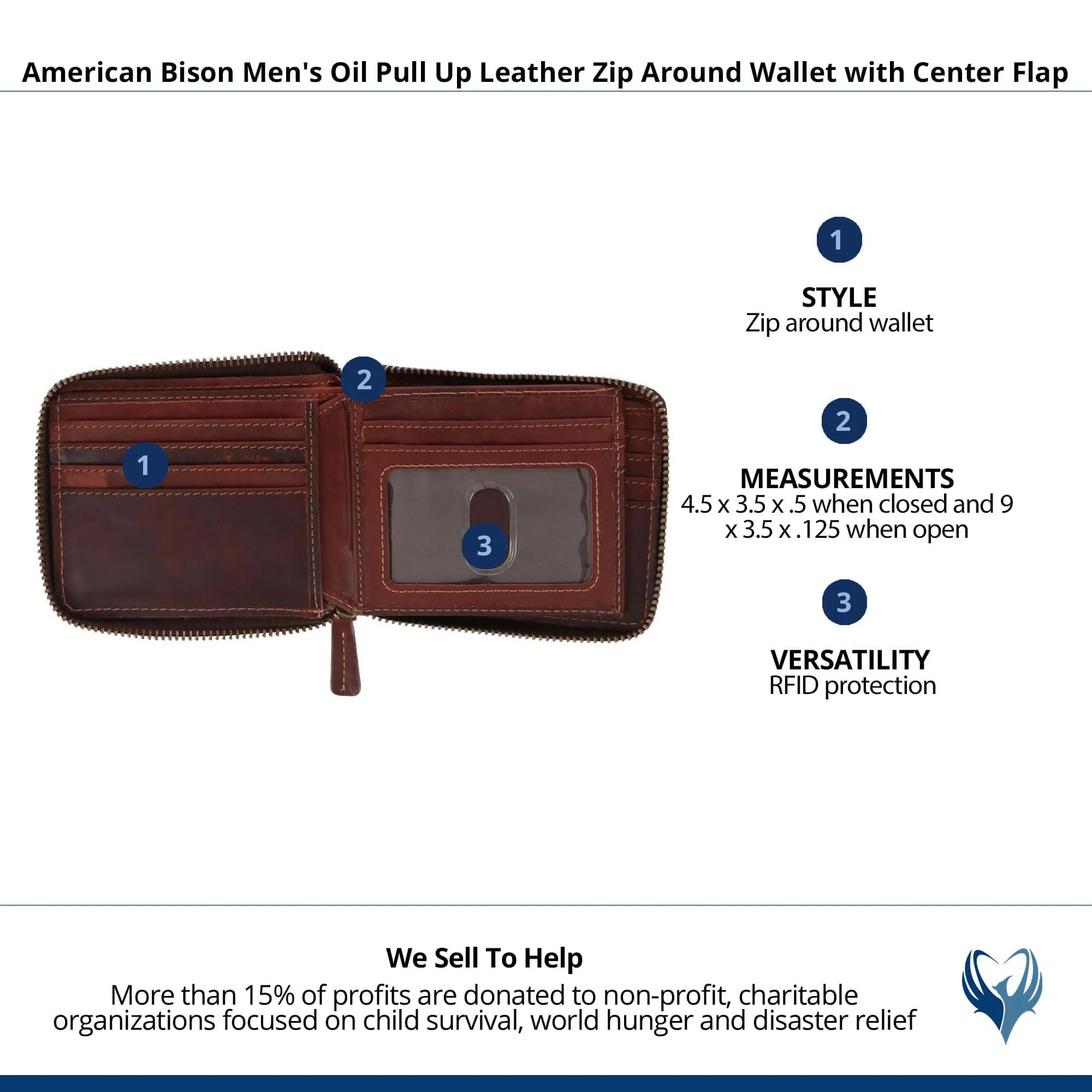 American Bison Men's Oil Pull Up Leather Zip Around Wallet with Center Flap
