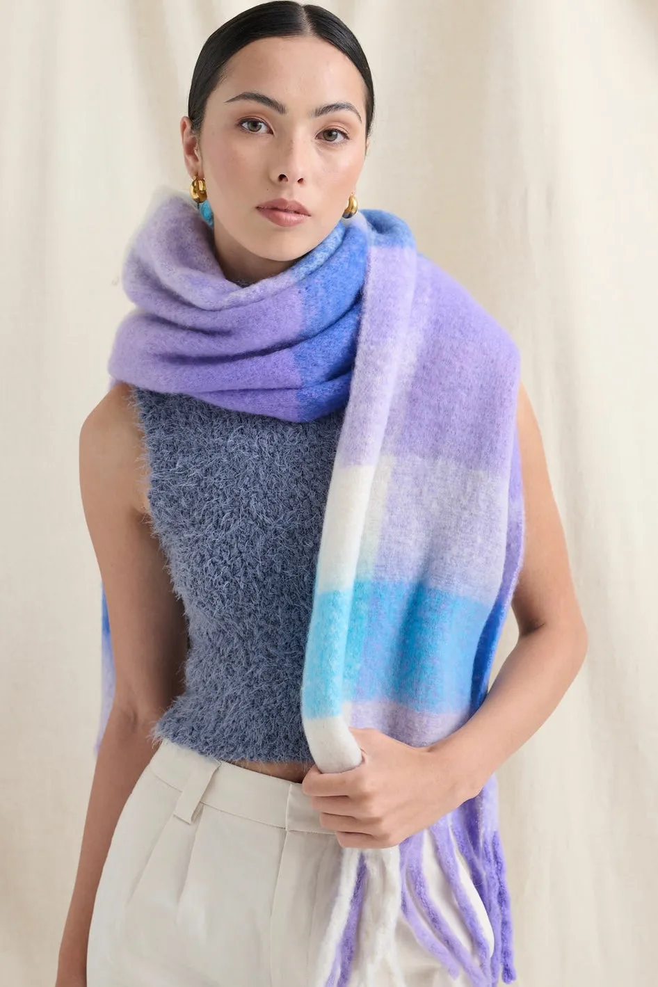 BETTY PURPLE CHECK FLUFFY SCARF