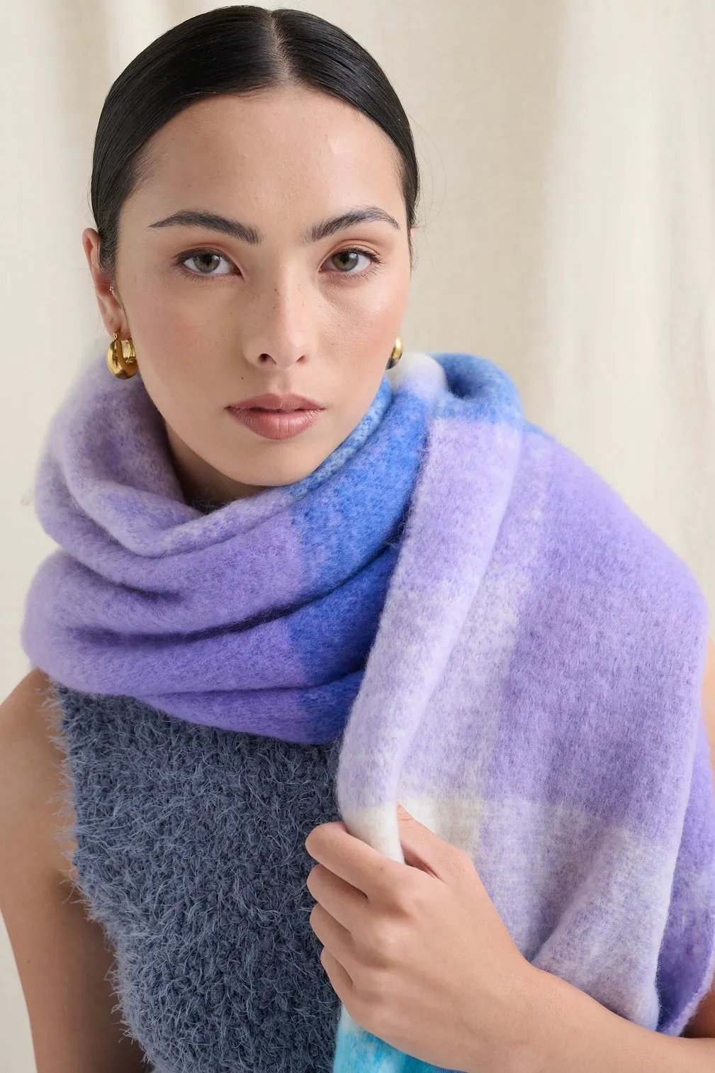 BETTY PURPLE CHECK FLUFFY SCARF