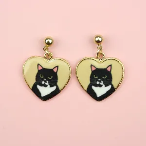 Black Cat Heart Stud Earrings