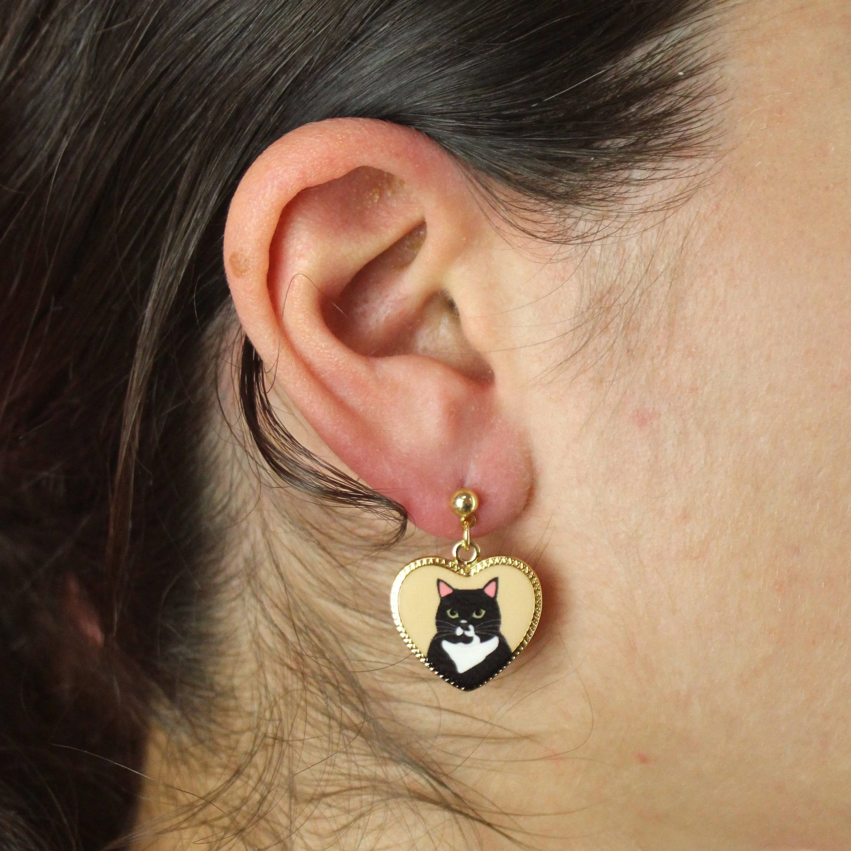 Black Cat Heart Stud Earrings