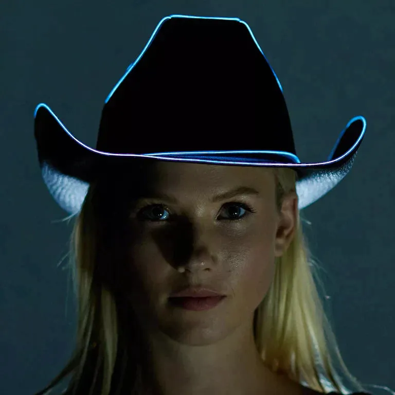 Black EL Wire Light Up Plain Fabric Cowboy Hat - Pack of 3 Hats