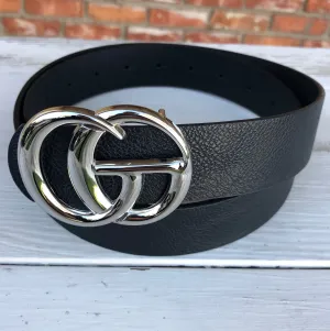 Black Faux Leather “GO” Silver Buckle Belt