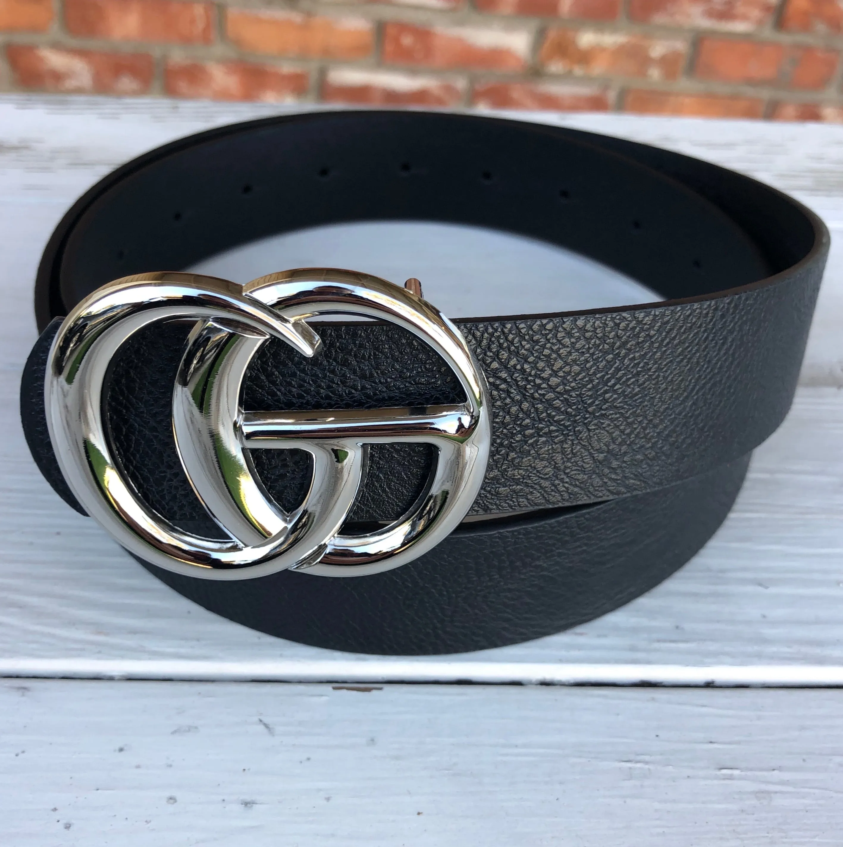 Black Faux Leather “GO” Silver Buckle Belt