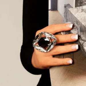Black Large Crystal Rings Ring Adjustable Success