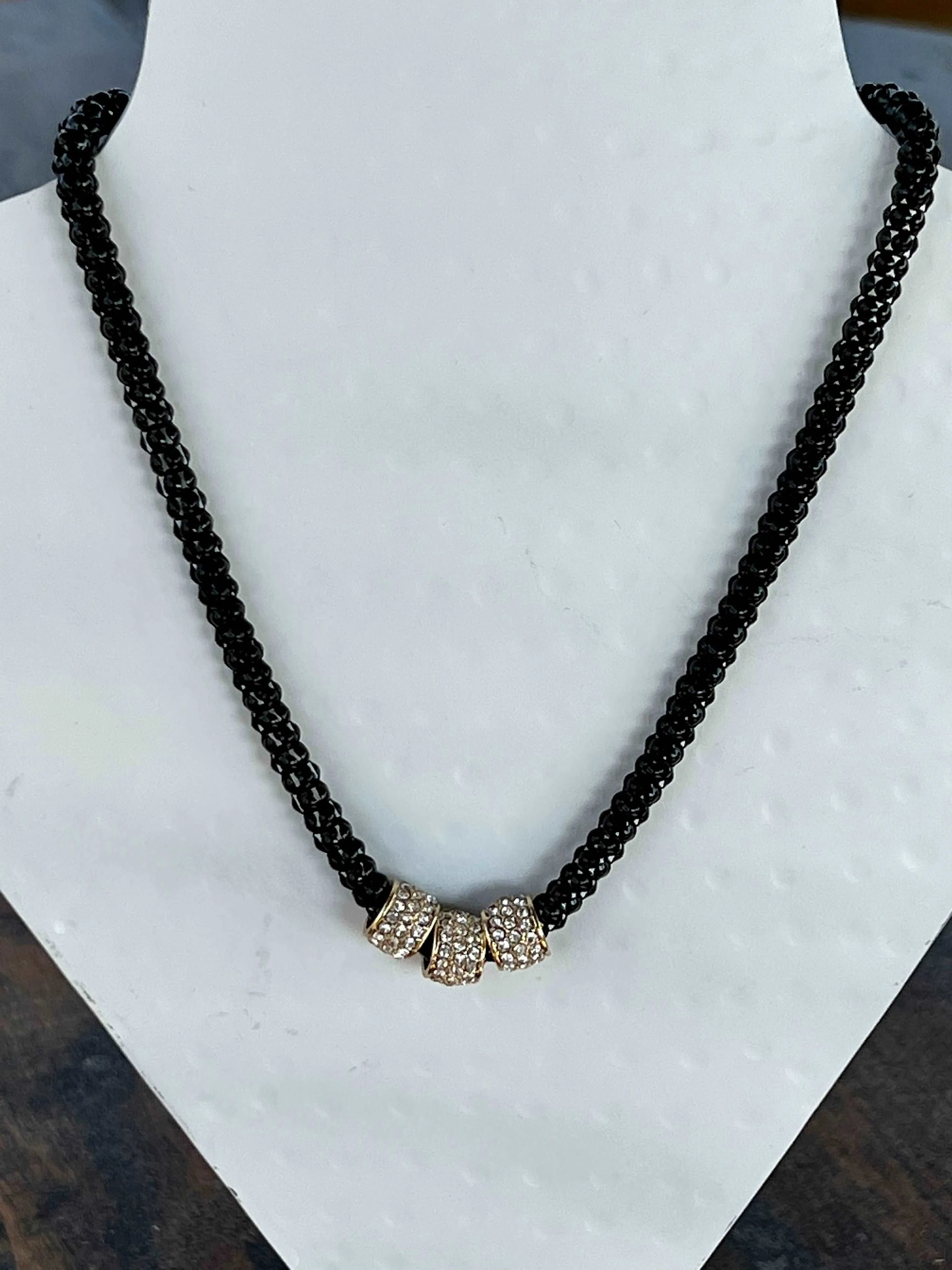 Black Rope Necklace wih 3 crystal Rings