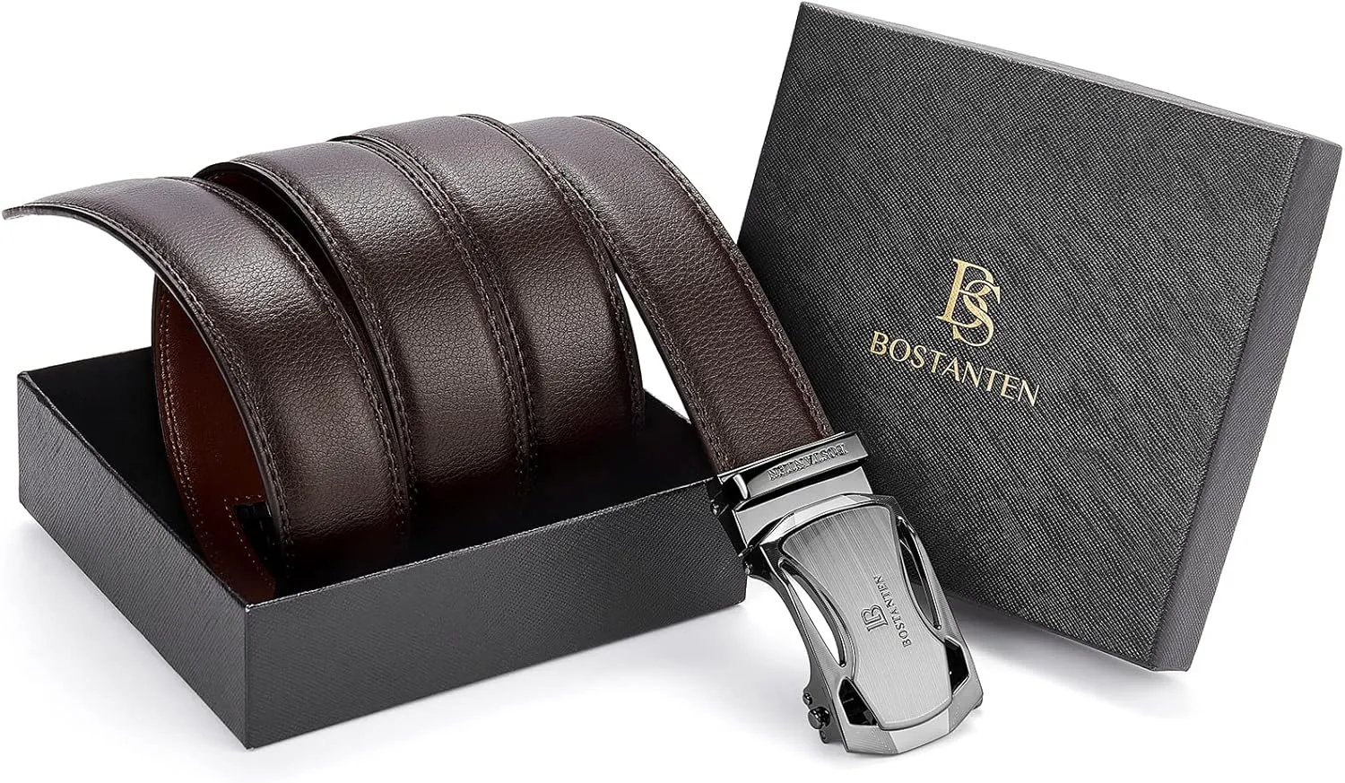 BOSTANTEN Mens Belt Leather Ratchet Belt For Men Dress and Casual with Adjustable Buckle, Trim to Fit
