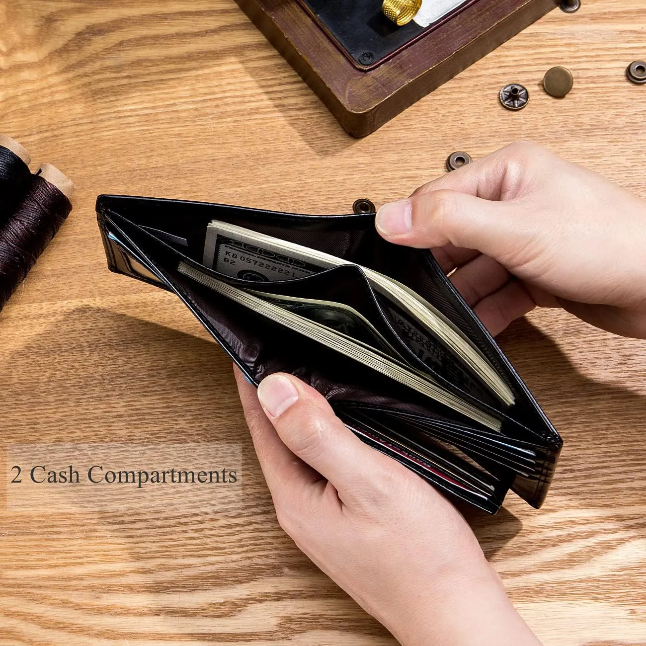 BULLCAPTAIN RFID Wallets for Men Slim Bifold Genuine Leather Front Pocket Wallet with 2 ID Windows QB-05 (Black)