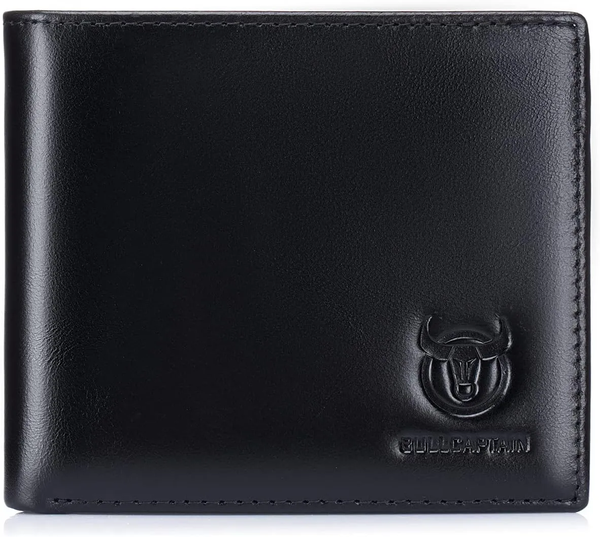 BULLCAPTAIN RFID Wallets for Men Slim Bifold Genuine Leather Front Pocket Wallet with 2 ID Windows QB-05 (Black)