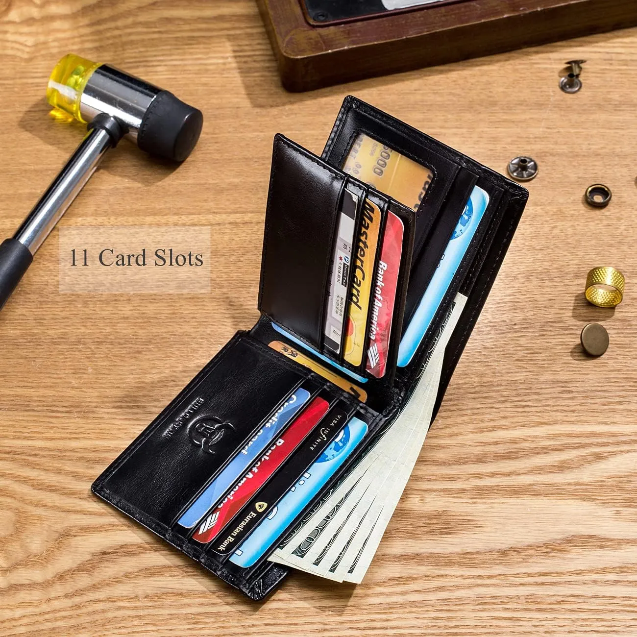 BULLCAPTAIN RFID Wallets for Men Slim Bifold Genuine Leather Front Pocket Wallet with 2 ID Windows QB-05 (Black)