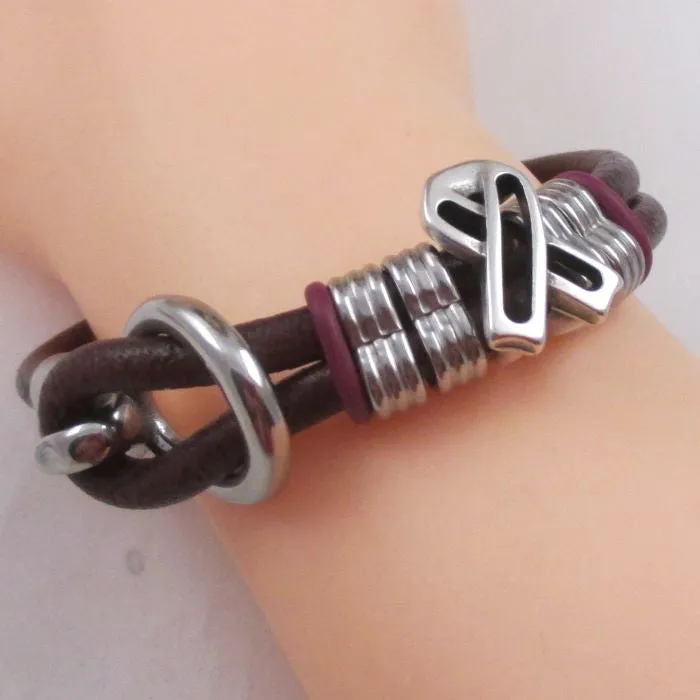 Burgundy  Round Leather Cord Awareness Ribbon Bracelet