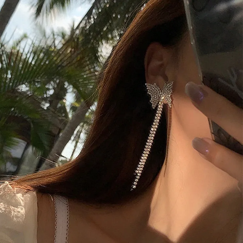 Butterfly Crystal Choker Necklaces for Women Long Tassel Rhinestone Necklaces