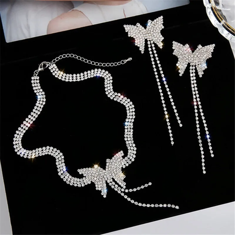 Butterfly Crystal Choker Necklaces for Women Long Tassel Rhinestone Necklaces