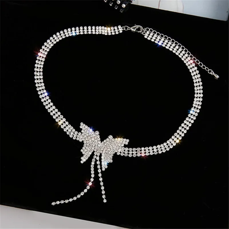 Butterfly Crystal Choker Necklaces for Women Long Tassel Rhinestone Necklaces