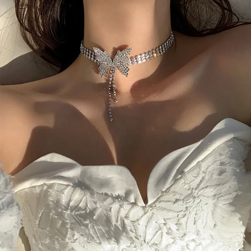 Butterfly Crystal Choker Necklaces for Women Long Tassel Rhinestone Necklaces