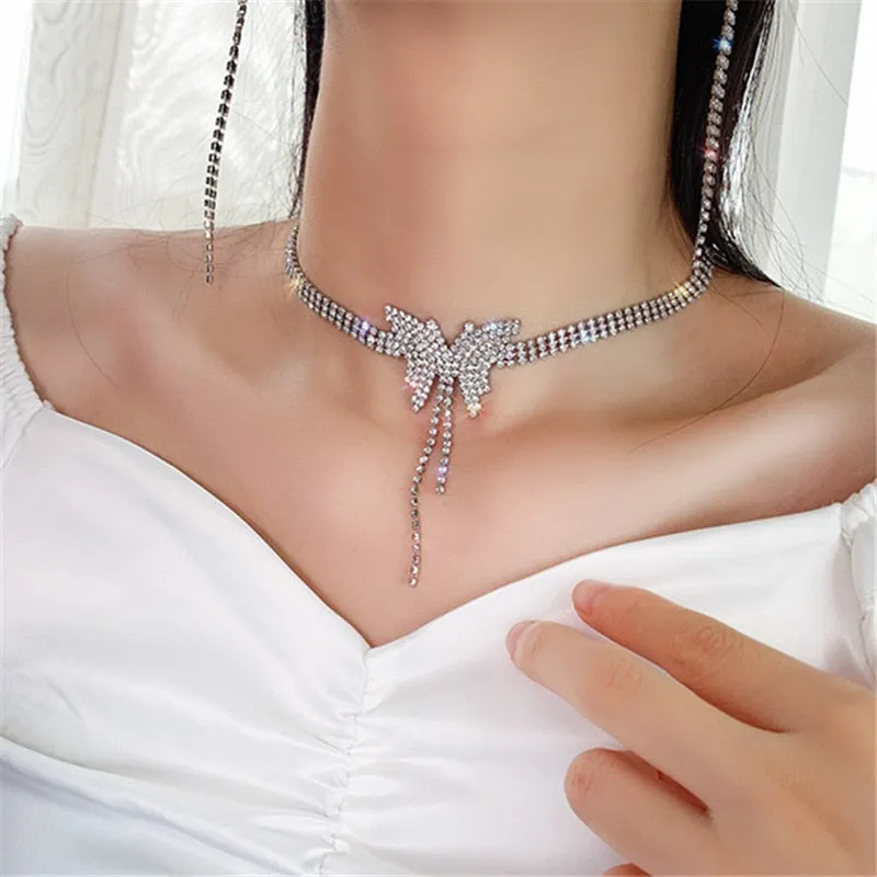 Butterfly Crystal Choker Necklaces for Women Long Tassel Rhinestone Necklaces