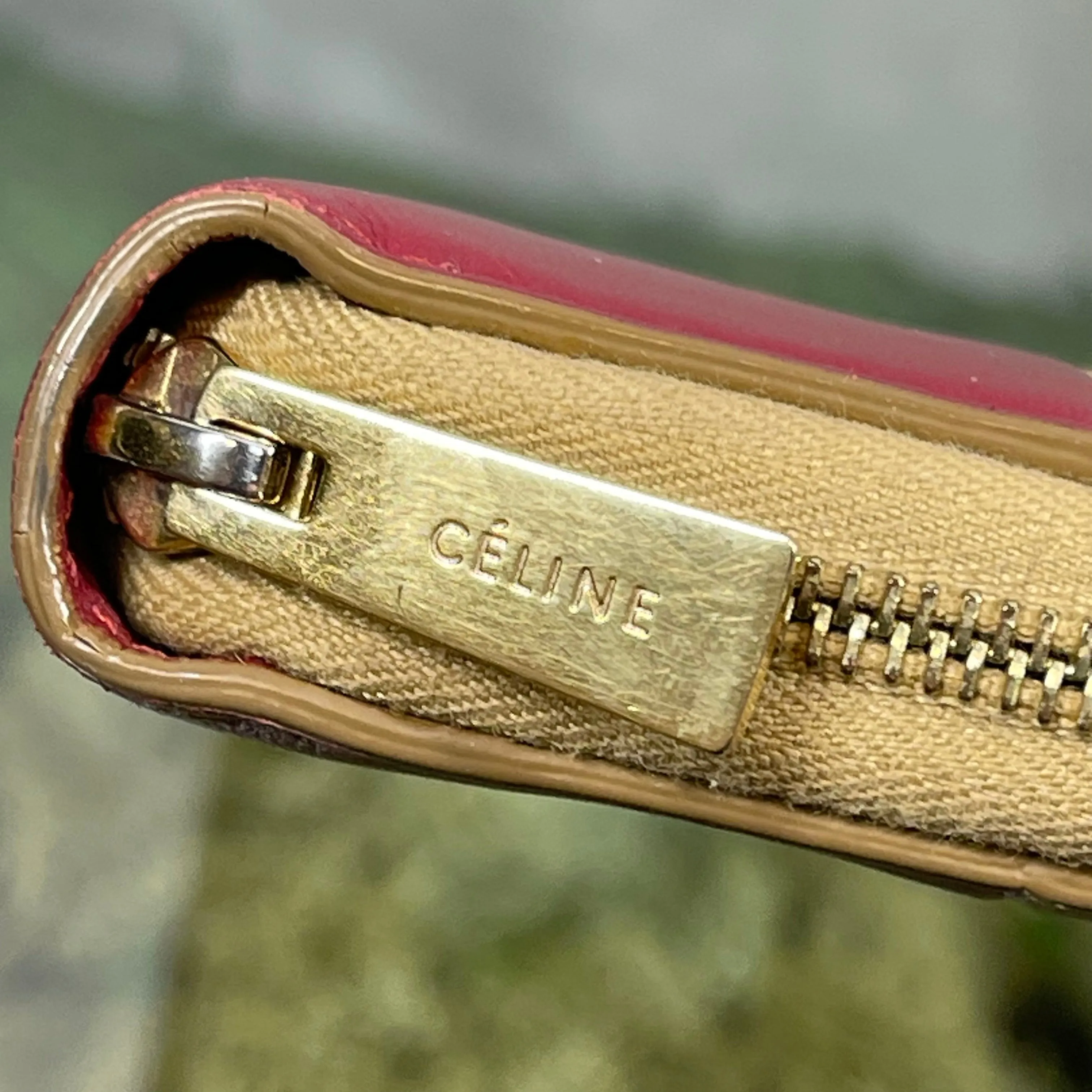 CELINE Gold & Red Colorblock Zip Around Wallet