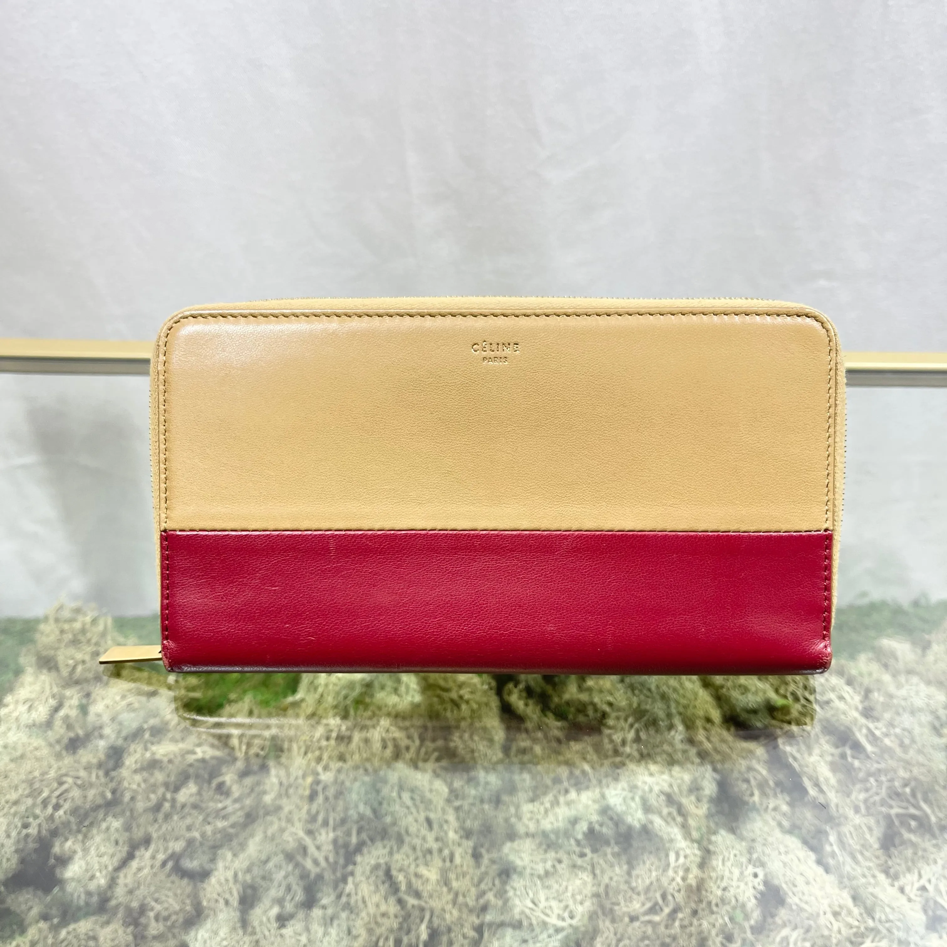 CELINE Gold & Red Colorblock Zip Around Wallet
