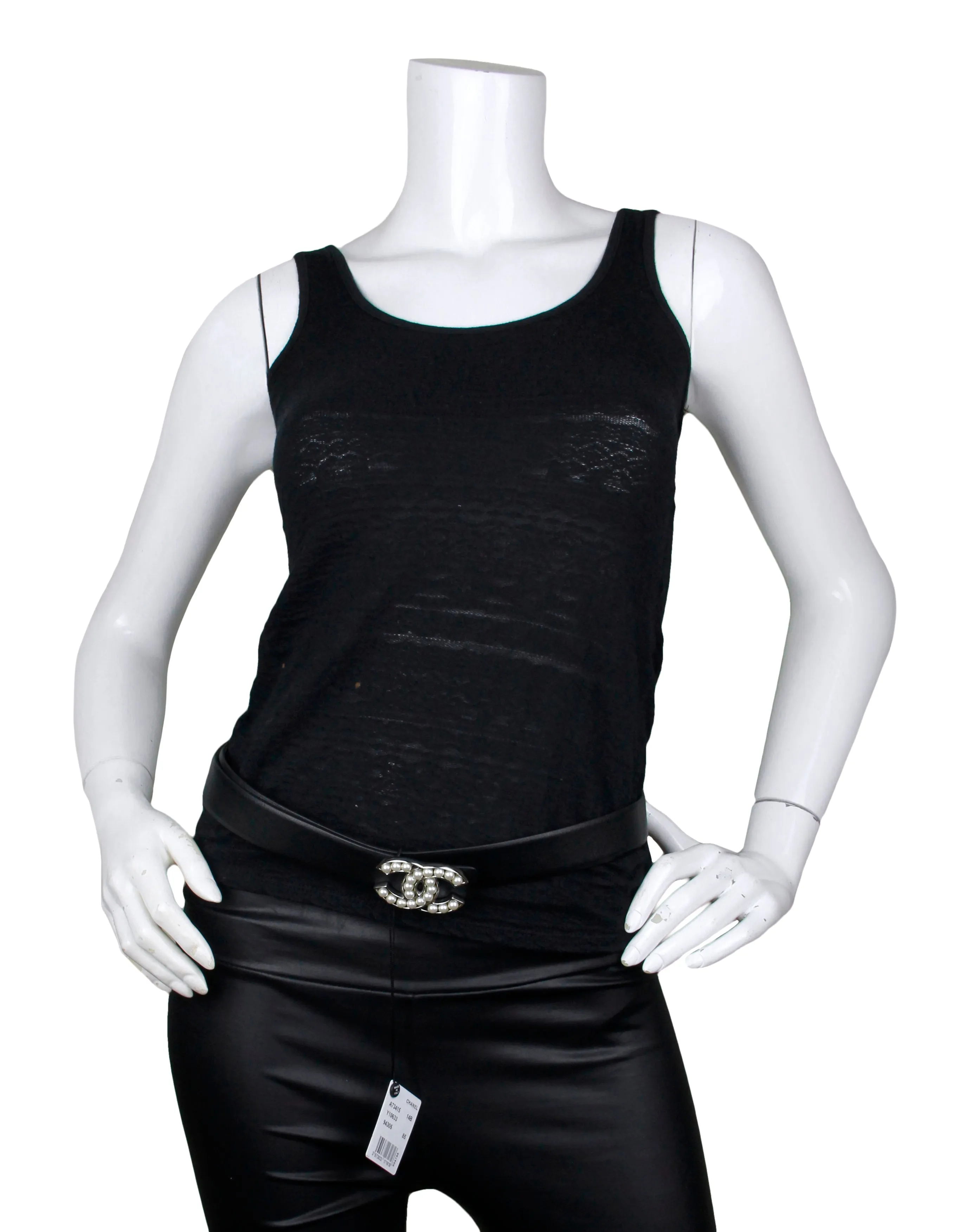 Chanel Black Leather Leather Pearl CC Logo Belt sz 85