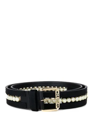 Chanel NWT Black Leather & Grosgrain Pearl Belt sz 90