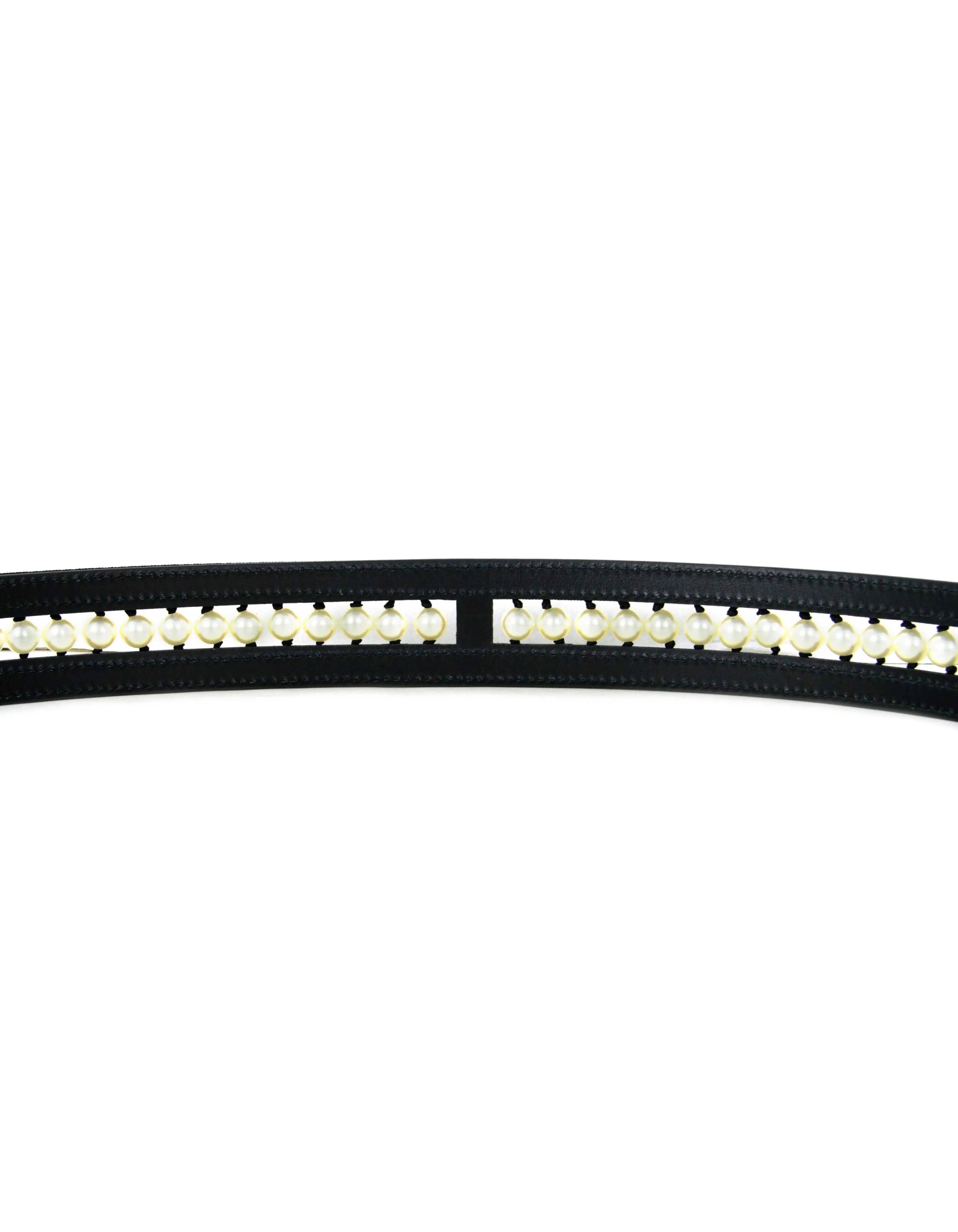 Chanel NWT Black Leather & Grosgrain Pearl Belt sz 90