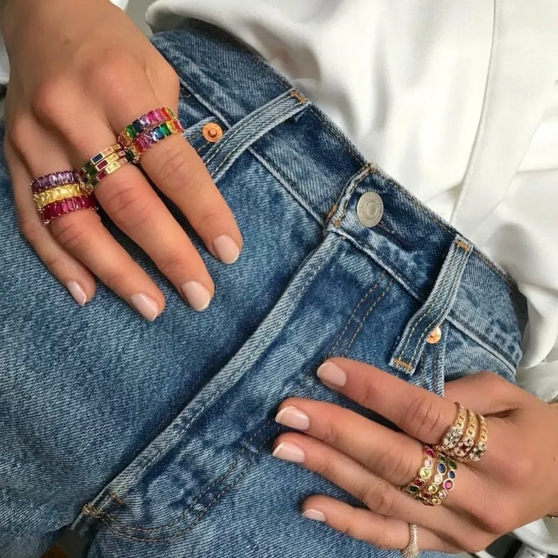 Chicmy-Charm Rhinestone ins Jewelry CZ Gold Lady Rainbow Rings