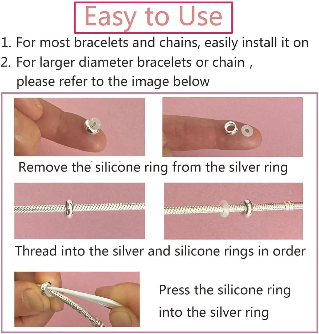 Clip Stopper Charms Sterling Silver Rondelle Spacer Bead for Bracelets (Silver)