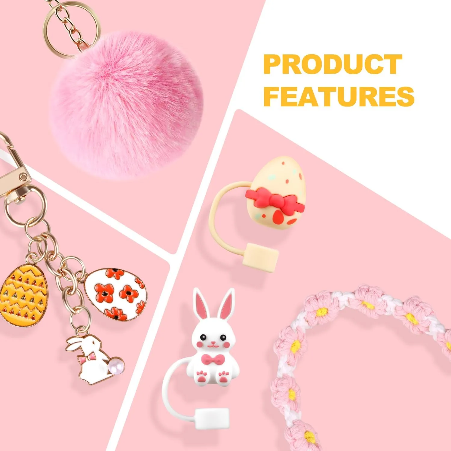 Cup Accessories Set for Stanley Cup,Water Bottle Handle Strap, Pink Siliocne Boot, Rabbit Straw Cover, Easter Charms, Egg Straw Topper for 40oz & 30oz Tumbler for Women 8 Pcs