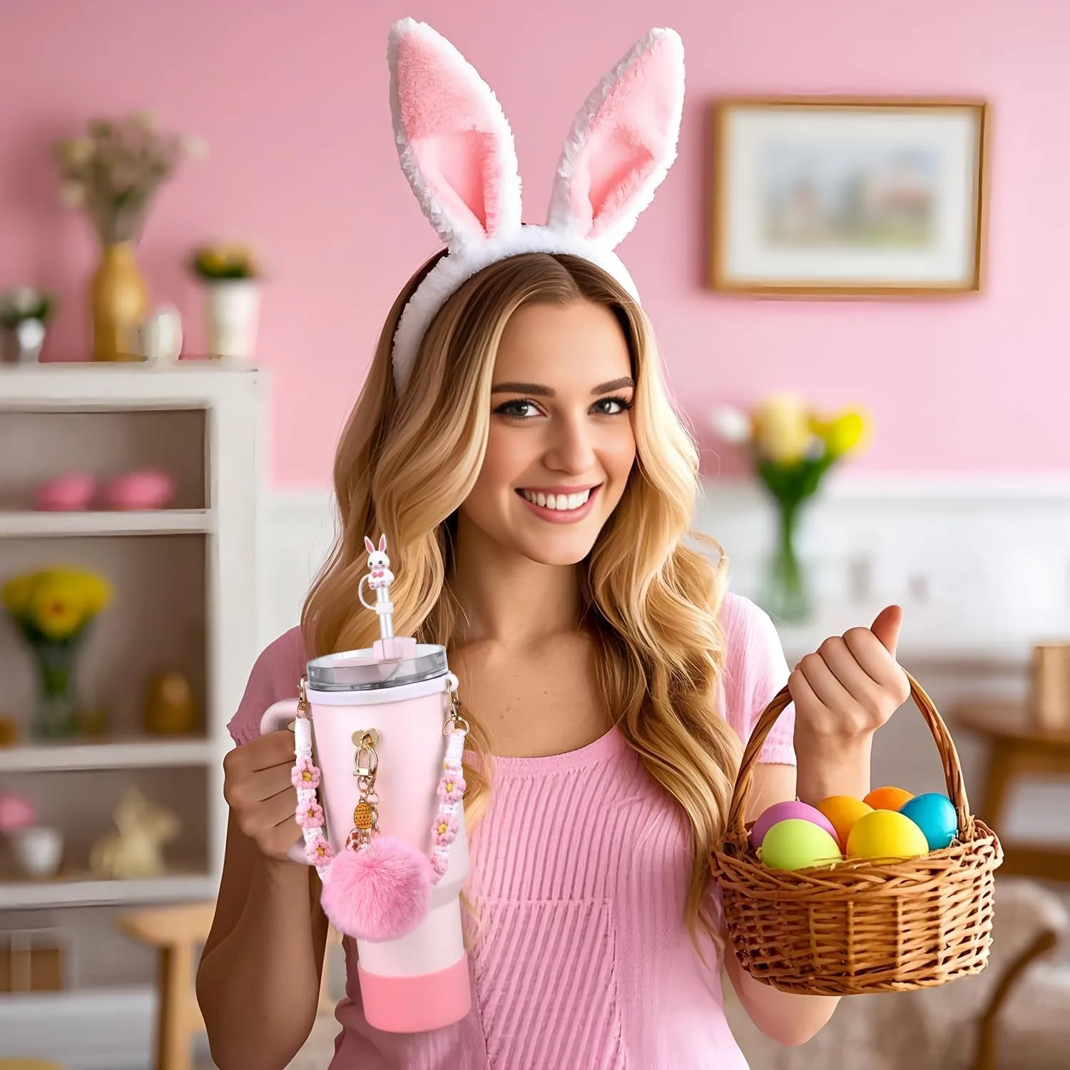 Cup Accessories Set for Stanley Cup,Water Bottle Handle Strap, Pink Siliocne Boot, Rabbit Straw Cover, Easter Charms, Egg Straw Topper for 40oz & 30oz Tumbler for Women 8 Pcs
