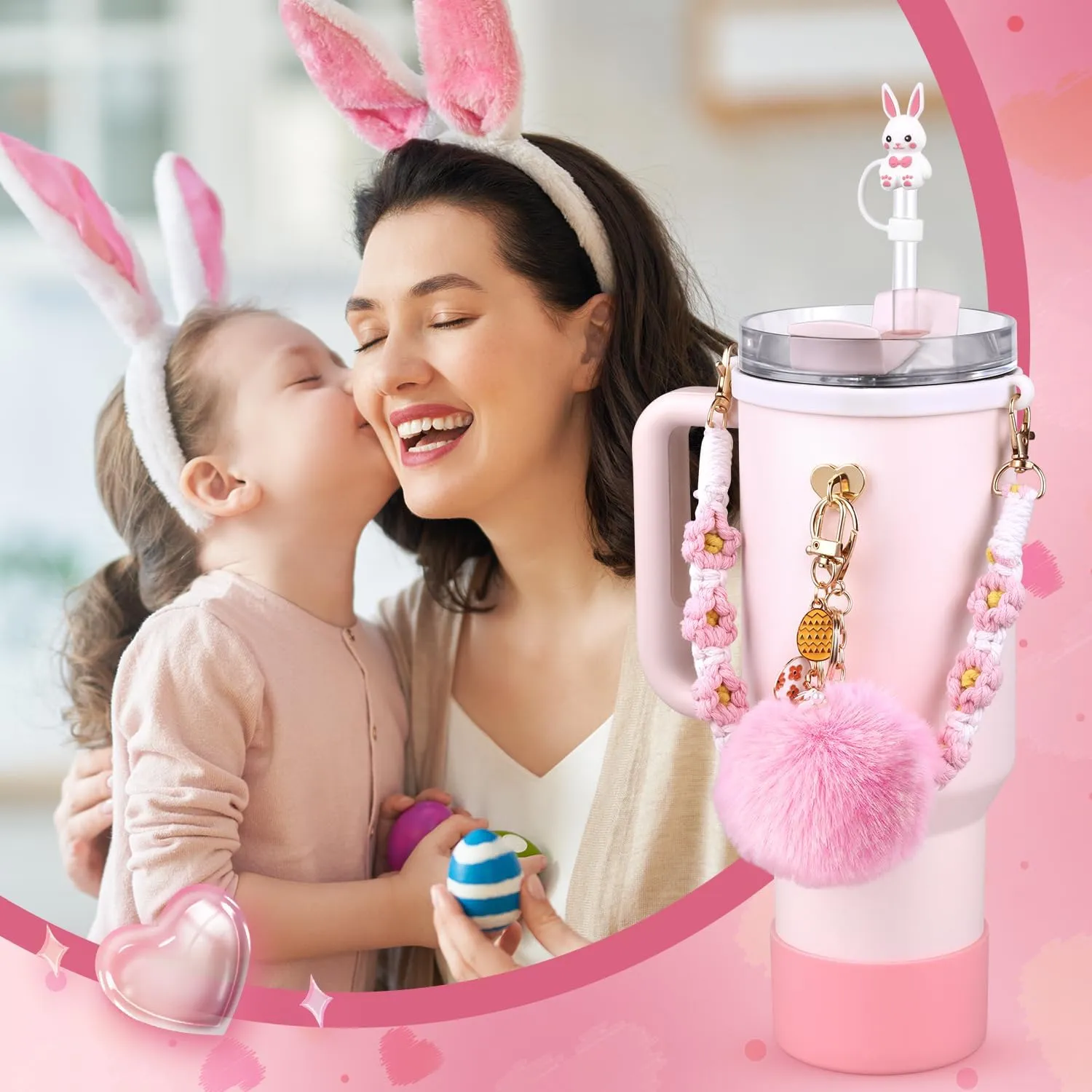 Cup Accessories Set for Stanley Cup,Water Bottle Handle Strap, Pink Siliocne Boot, Rabbit Straw Cover, Easter Charms, Egg Straw Topper for 40oz & 30oz Tumbler for Women 8 Pcs