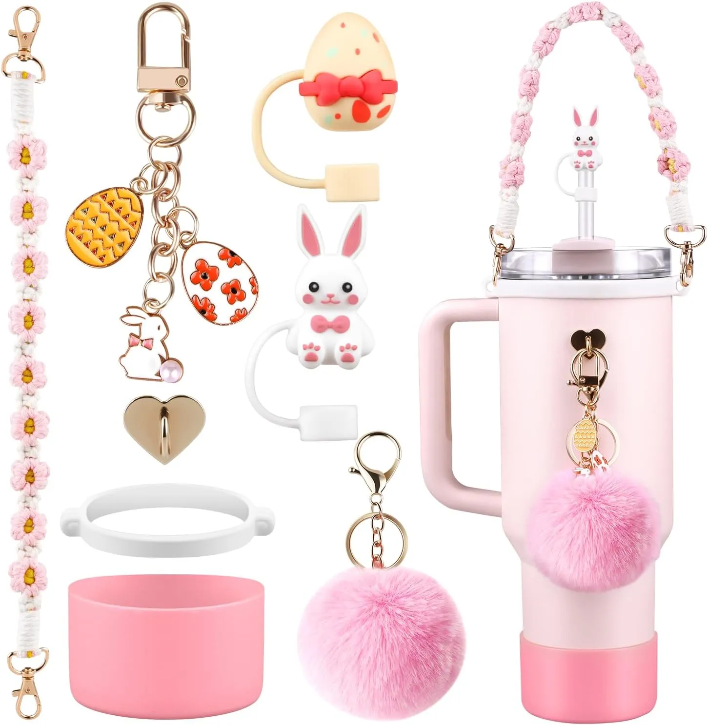 Cup Accessories Set for Stanley Cup,Water Bottle Handle Strap, Pink Siliocne Boot, Rabbit Straw Cover, Easter Charms, Egg Straw Topper for 40oz & 30oz Tumbler for Women 8 Pcs