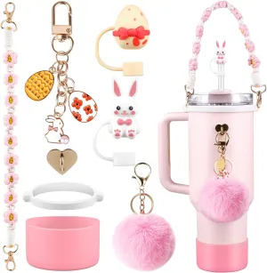 Cup Accessories Set for Stanley Cup,Water Bottle Handle Strap, Pink Siliocne Boot, Rabbit Straw Cover, Easter Charms, Egg Straw Topper for 40oz & 30oz Tumbler for Women 8 Pcs