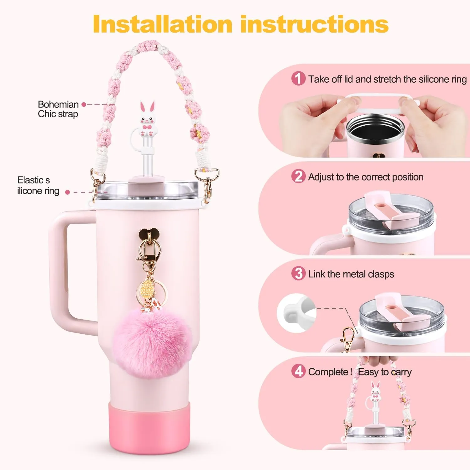 Cup Accessories Set for Stanley Cup,Water Bottle Handle Strap, Pink Siliocne Boot, Rabbit Straw Cover, Easter Charms, Egg Straw Topper for 40oz & 30oz Tumbler for Women 8 Pcs