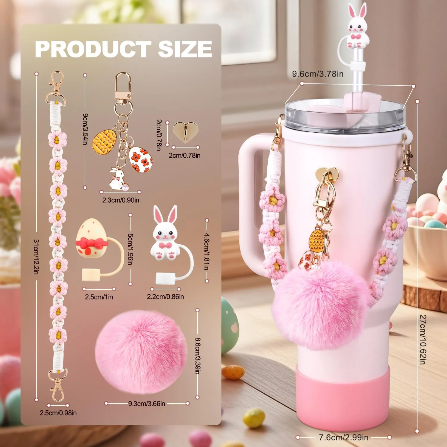 Cup Accessories Set for Stanley Cup,Water Bottle Handle Strap, Pink Siliocne Boot, Rabbit Straw Cover, Easter Charms, Egg Straw Topper for 40oz & 30oz Tumbler for Women 8 Pcs