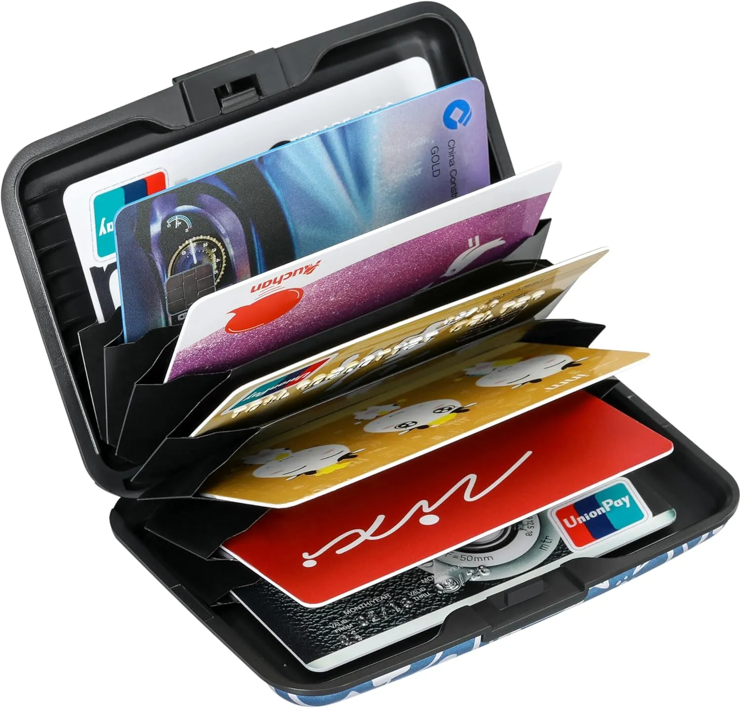 ELFISH Mini RFID Aluminum Wallet Credit Cards Holder Business Card Case Metal ID Case for Men Women(Blue Printed Pattern)