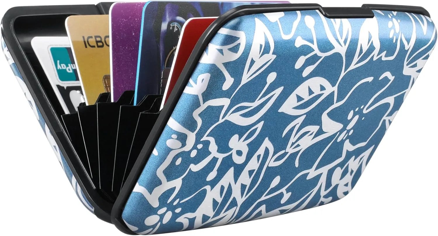 ELFISH Mini RFID Aluminum Wallet Credit Cards Holder Business Card Case Metal ID Case for Men Women(Blue Printed Pattern)