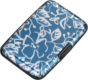 ELFISH Mini RFID Aluminum Wallet Credit Cards Holder Business Card Case Metal ID Case for Men Women(Blue Printed Pattern)